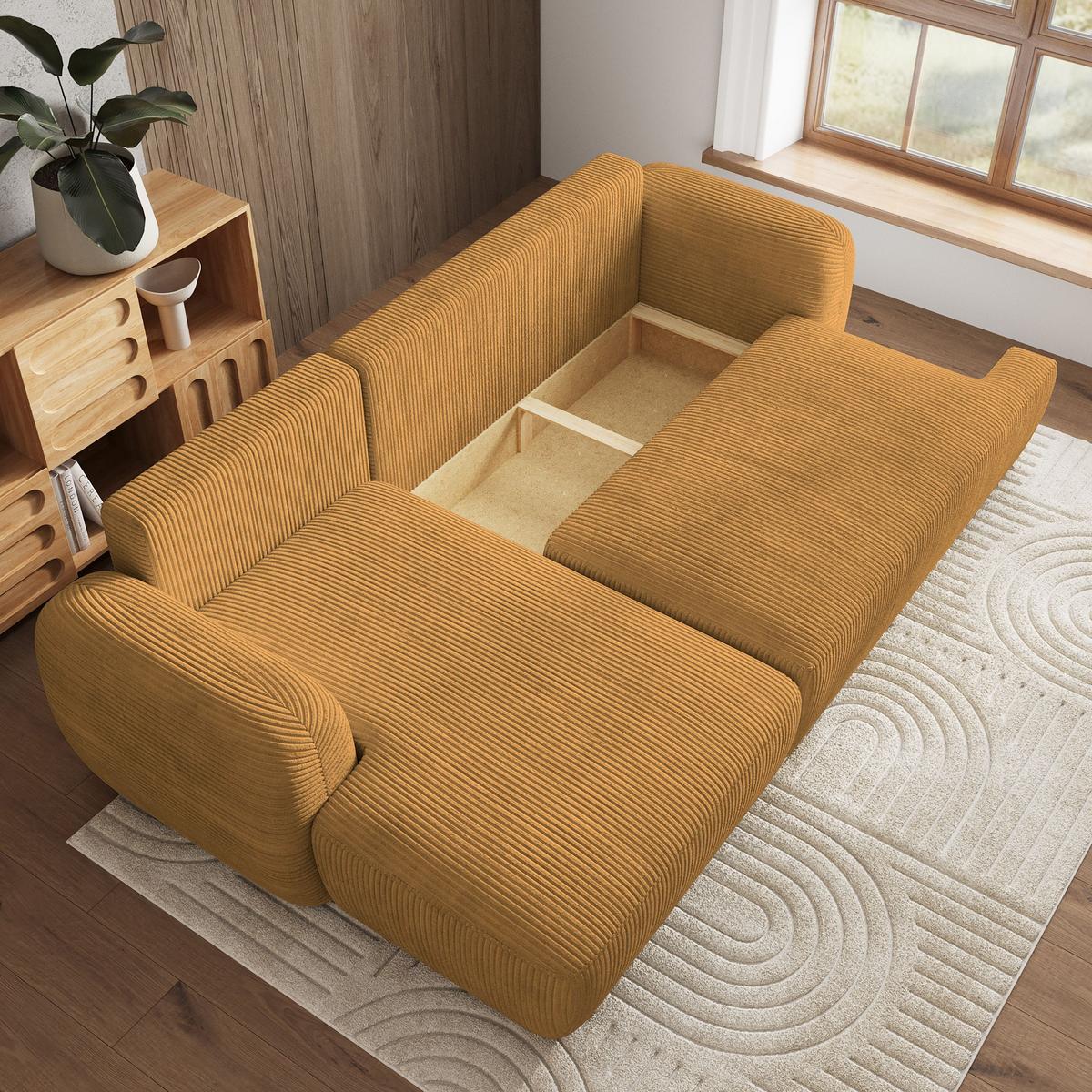 ECKSOFA MODENZA P L-S Gelb Kordstoff mit Schlaffunktion - Gelb/Schwarz, Holz/Kunststoff (266/148cm) - MASSENO
