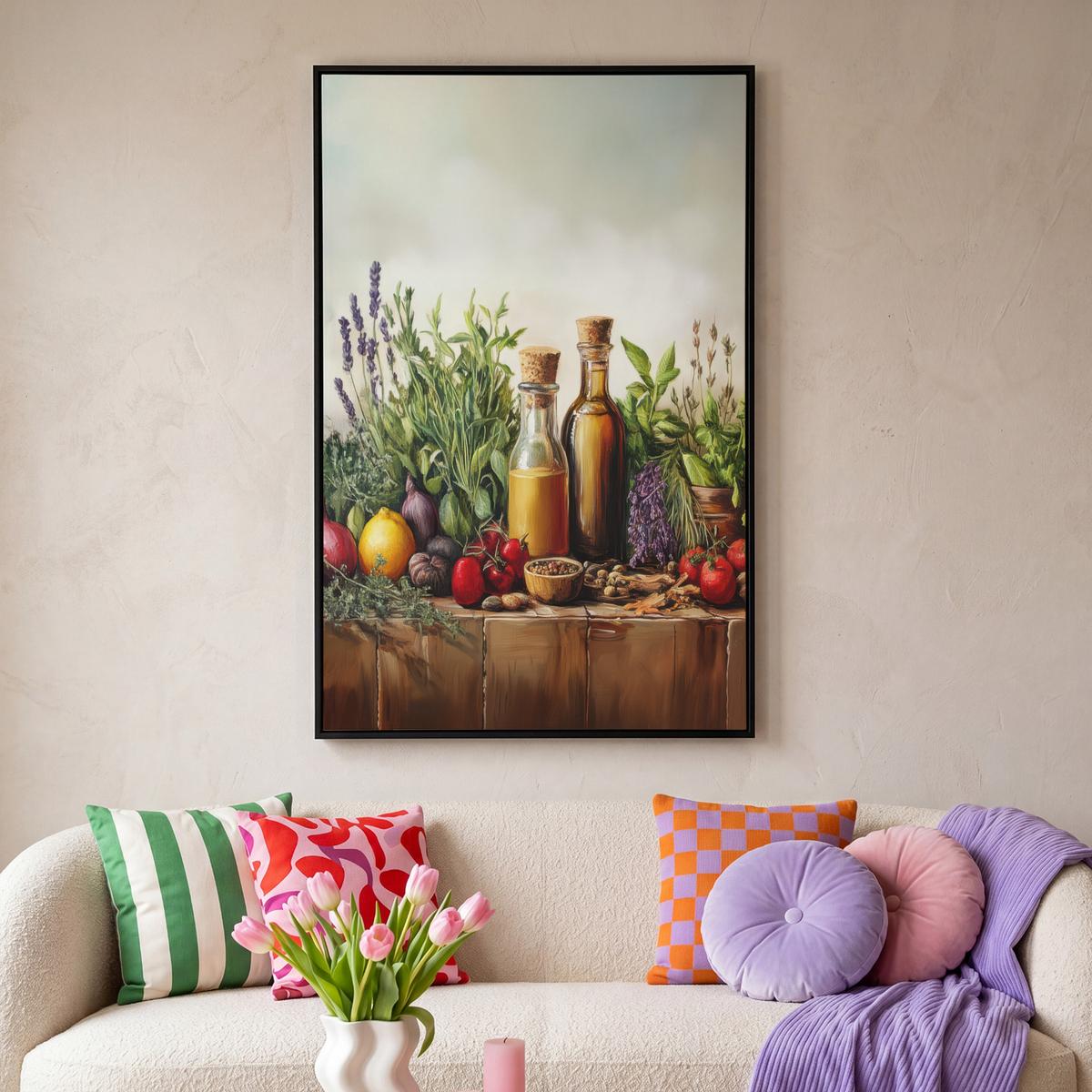 LEINWAND Bilder mit Rahmen - Stilleben - Kräuter - Gewürze - Früchte - Farbenfroh - 80x120 - Grün, Textil (80/120cm) - MuchoWow