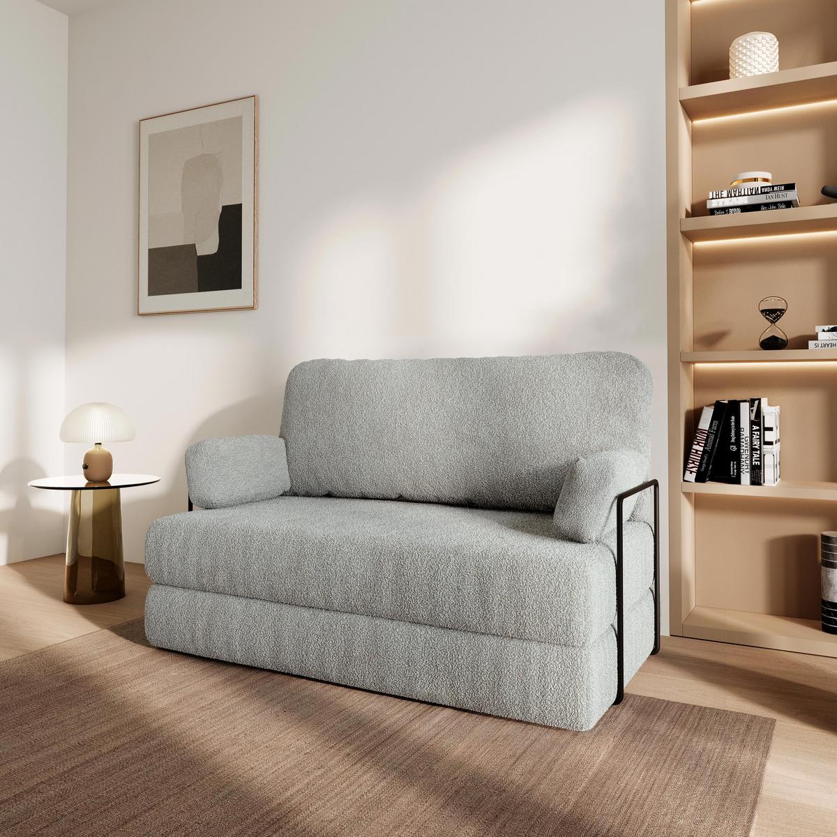BETTSOFA KESTE aus Schaumstoff Bucle-Stoff Hellgrau Schlaffunktion - Hellgrau, Textil (140/86/60cm) - MASSENO