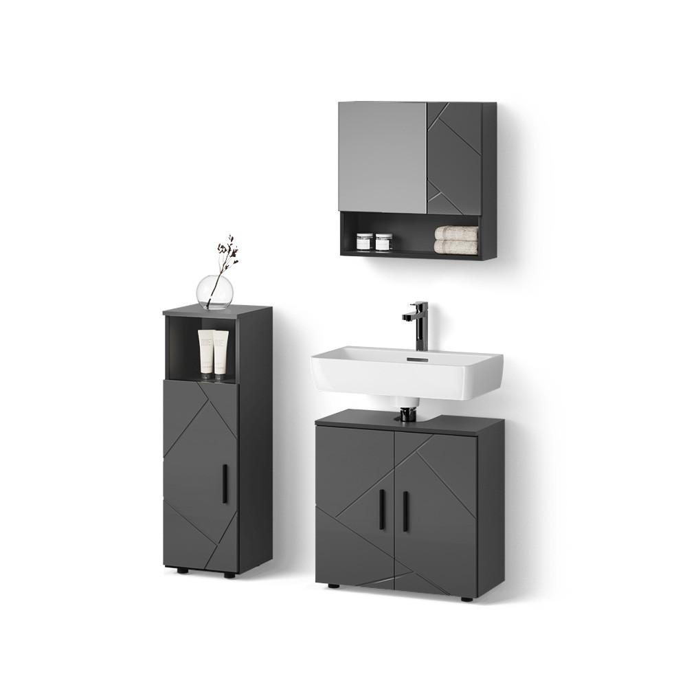 BADMÖBEL-SET Ronco Anthrazit Hochglanz 3 Teile - Schwarz Hochglanz, Holzwerkstoff (60/95/30cm) - Livinity®