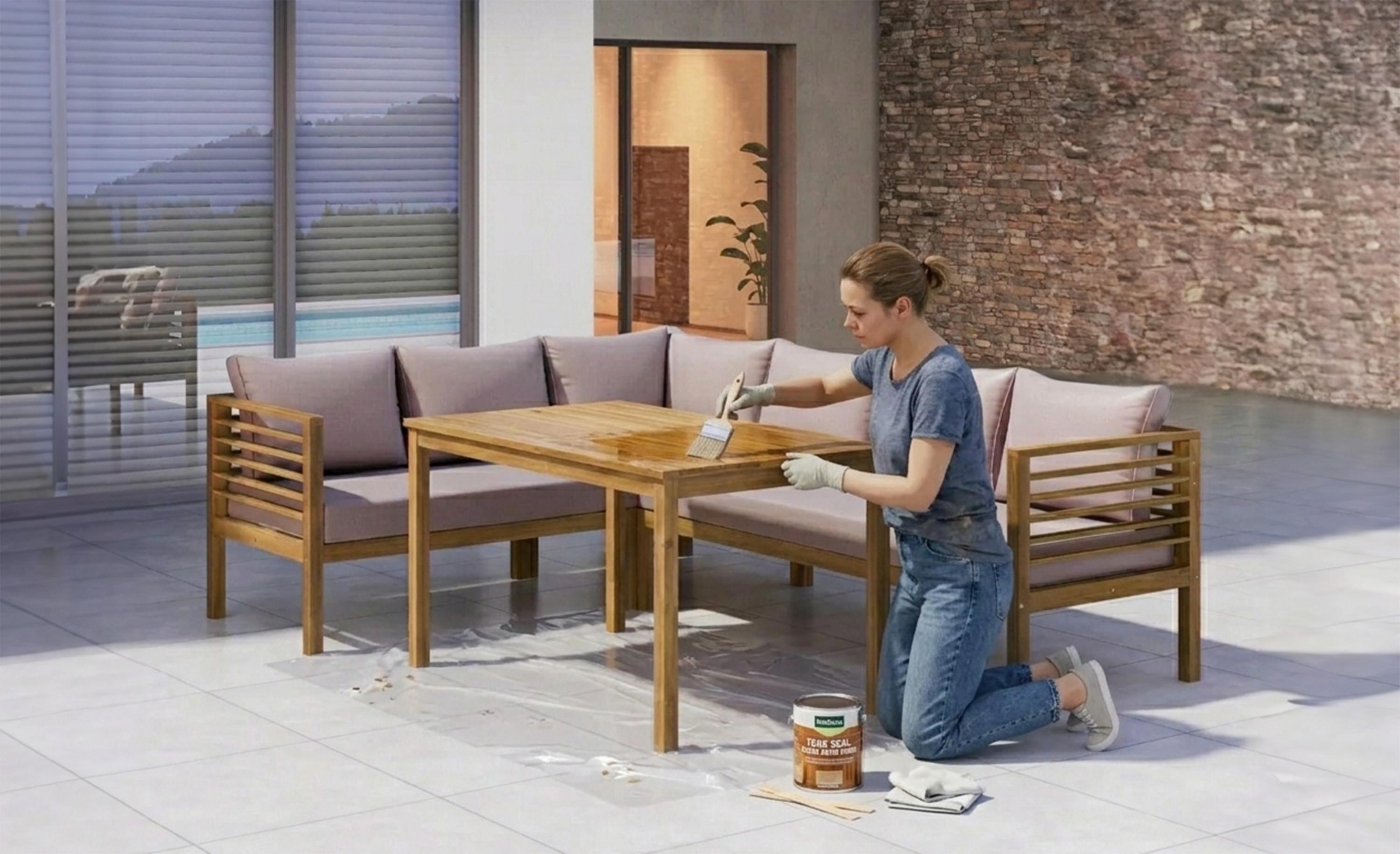 Egy nő védőkesztyűben térdelve vékony lazúrréteget hord fel egy modern, faléces asztal felületére egy modern teraszon, az asztal alatt festőfóliával és festékesdobozzal a közelben.