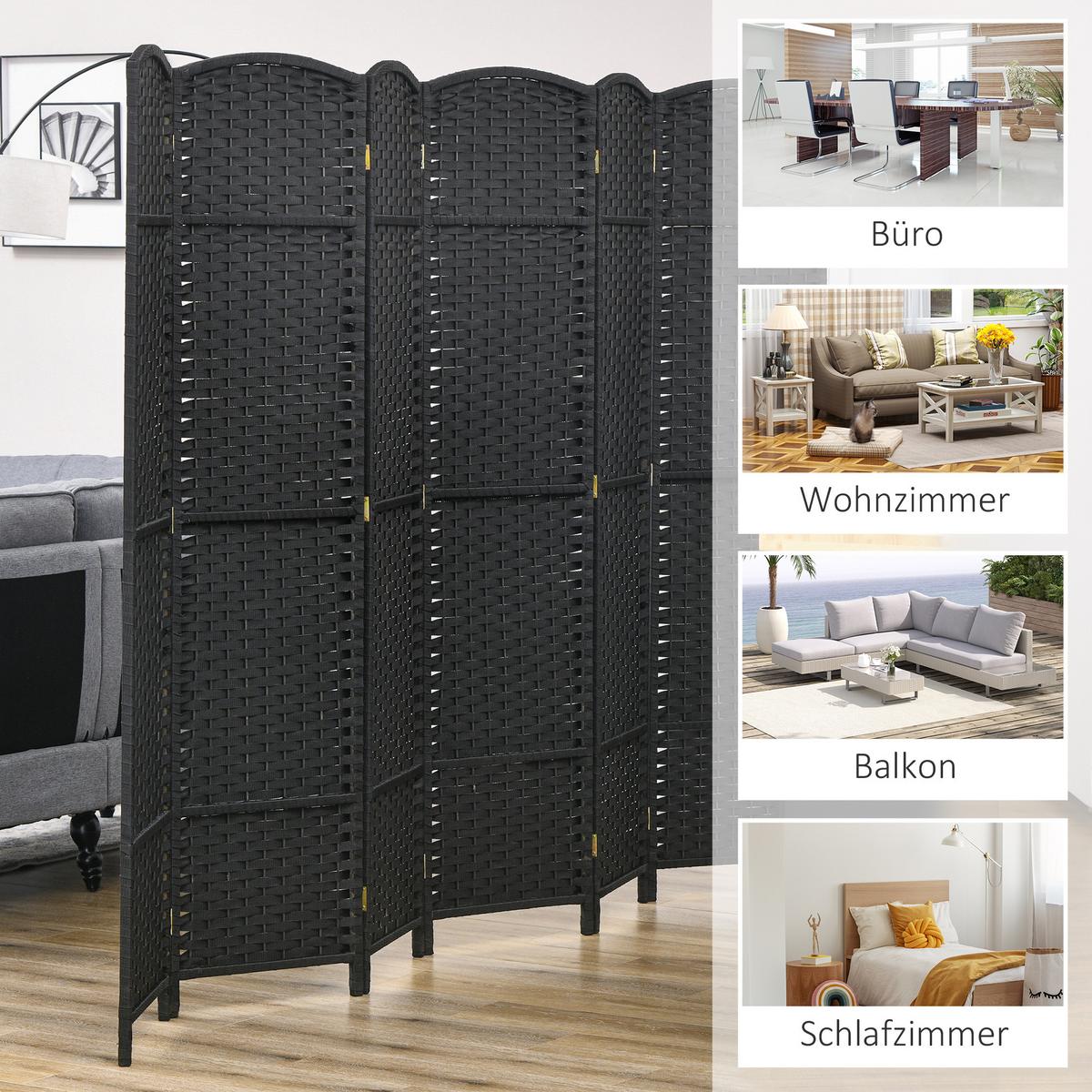 PARAVENT 6-teilig 240 x 170 cm Raumteiler Trennwand aus Kiefernholz Schwarz - Schwarz, Kunststoff (1.6/170/240cm) - HOMCOM