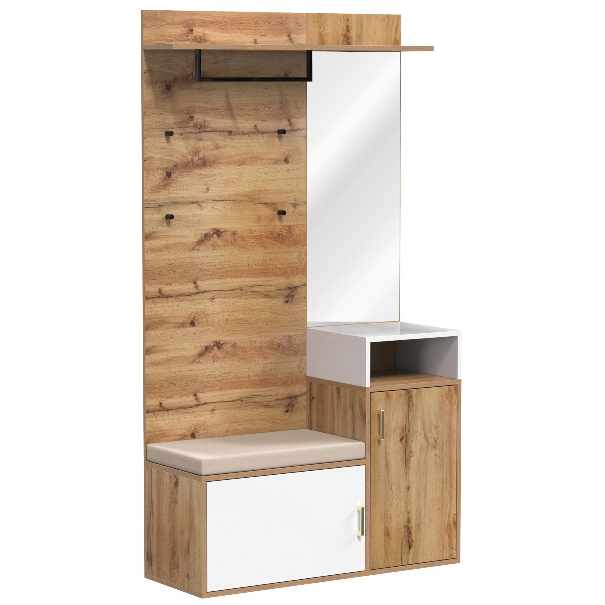 GARDEROBEN-SET 105 cm in Weiß & Eiche-Optik – 3-teilige Flurkombination mit Spiegel, Schuhschrank & Wandpaneel - Naturfarben, Holzwerkstoff (105/190.5/40cm) - Urban Meuble