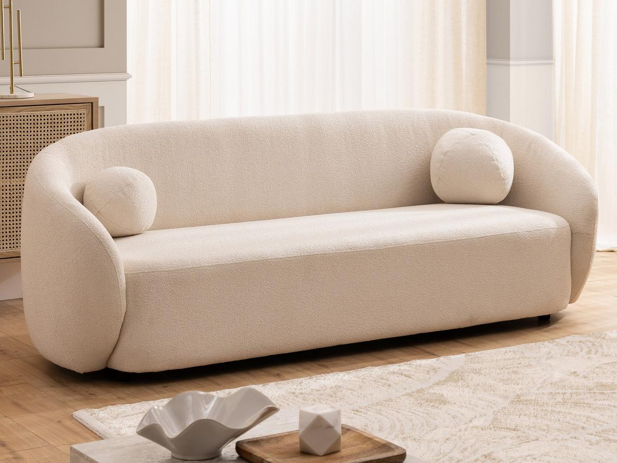 3-SITZER-SOFA Roundi Cremeweiß Bouclé - Creme/Schwarz, Holz/Kunststoff (208/76/80cm) - S-Style Möbel