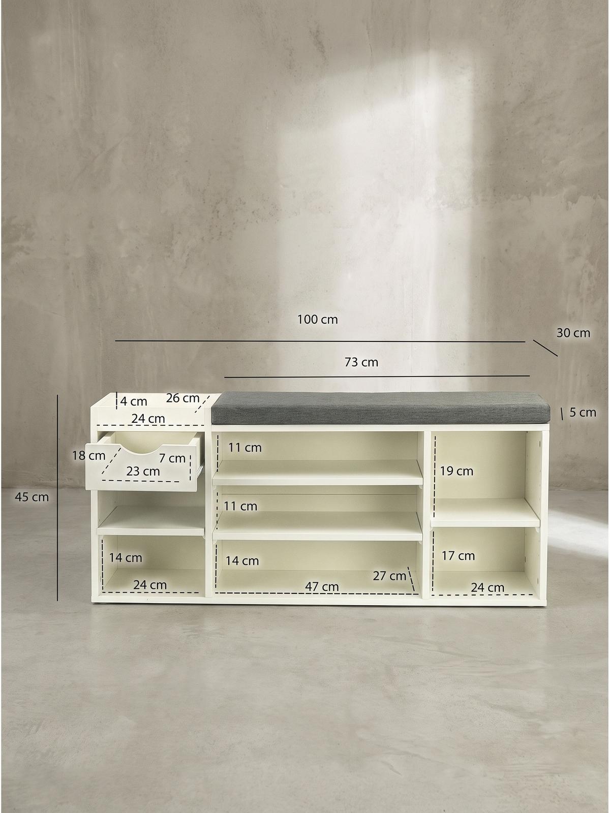 GARDEROBENBANK CARTAGENA, Stoff, Weiß, 100 x 30 x 45 cm - Weiß/Grau, Holzwerkstoff/Textil (100/45/30cm) - KADIMA DESIGN