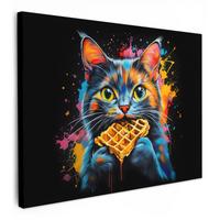 LEINWANDBILD Katze - Graffiti - Bunt - Waffel - Essen Wandbild 40x30 cm - Türkis, Textil (40/30cm) - MuchoWow