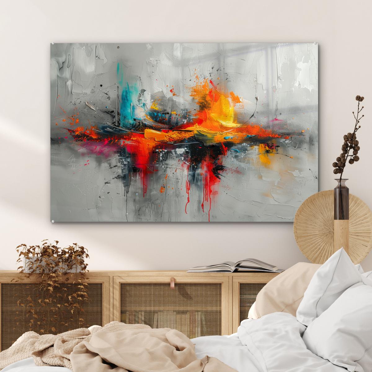 ACRYLGLASBILD Moderne Kunst - Orange - Grau - Abstrakt Wandbild Schlafzimmer 120x80 cm - Hellgrau, Glas (120/80cm) - MuchoWow