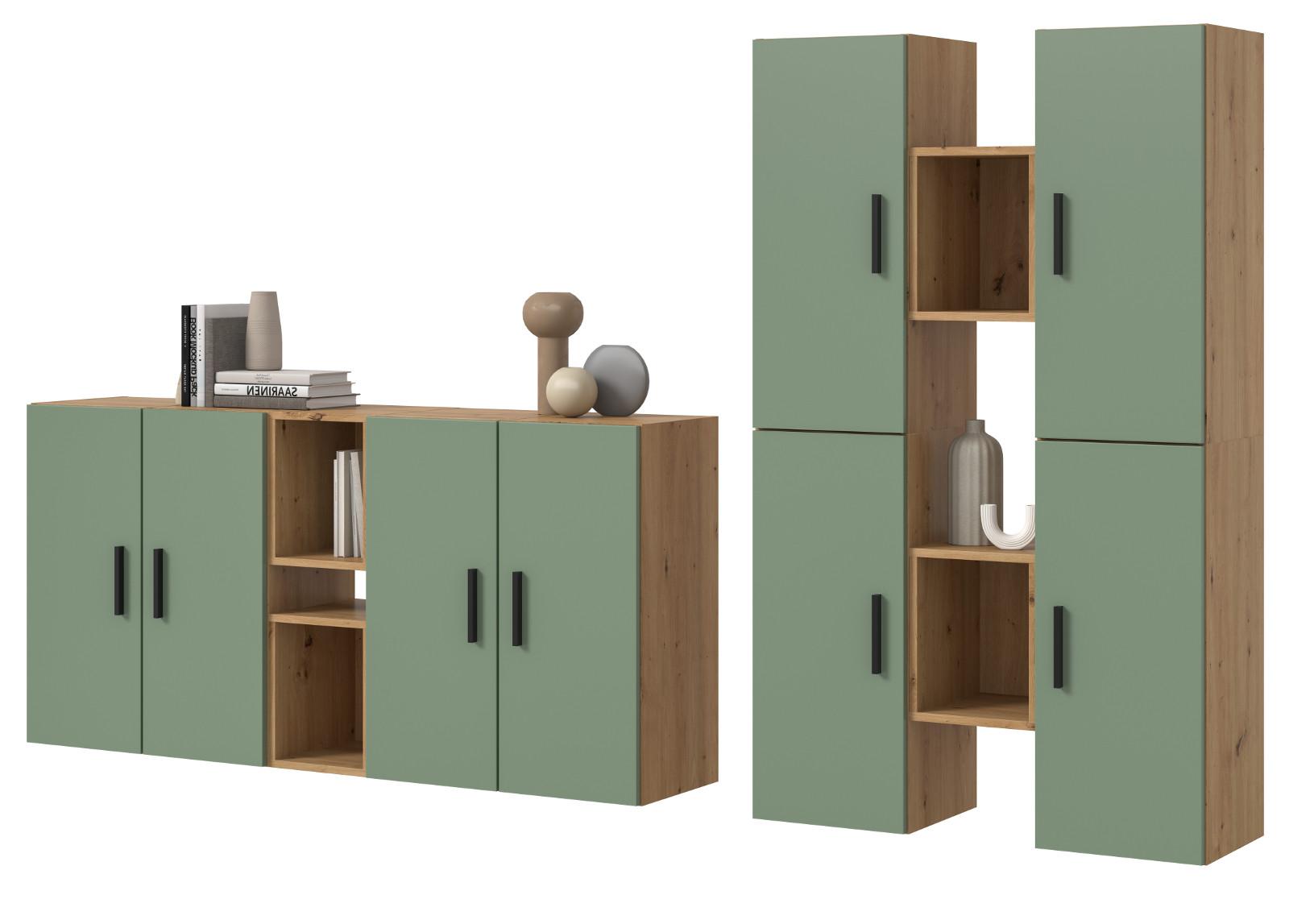 WOHNWAND grün, Eiche Artisan 259 x 184 cm, Wohnkombination hängend / stehend - Schwarz/Eiche Artisan, Holzwerkstoff/Kunststoff (259/151/34cm) - Inn.Furn