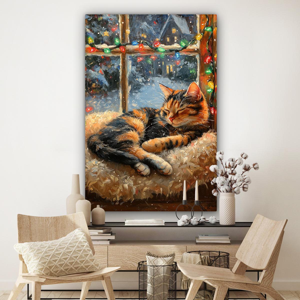 LEINWANDBILD Katze - Weihnachten - Winter - Tier Deko Groß 90x140 cm - Bernsteinfarben, Textil (90/140cm) - MuchoWow