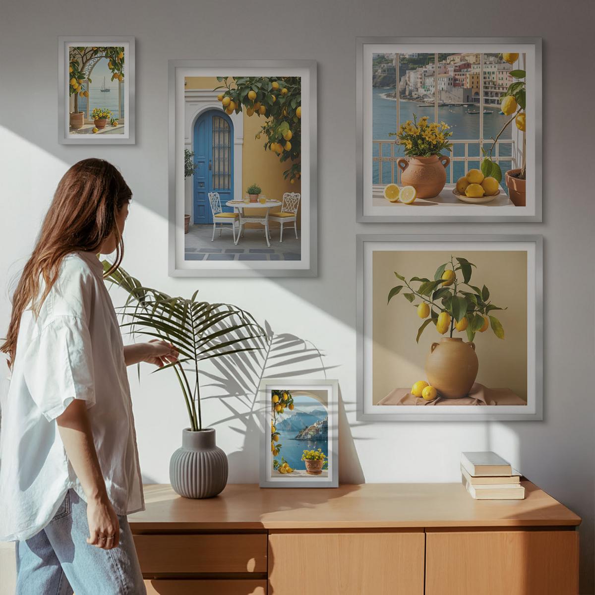BILDER SET 5er Set - 50x50 cm & 20x30 cm & 40x60 cm Silberner Rahmen - Meereslandschaften, Zitronen, Fenster - Silberfarben, Kunststoff (40/60cm) - TULUP