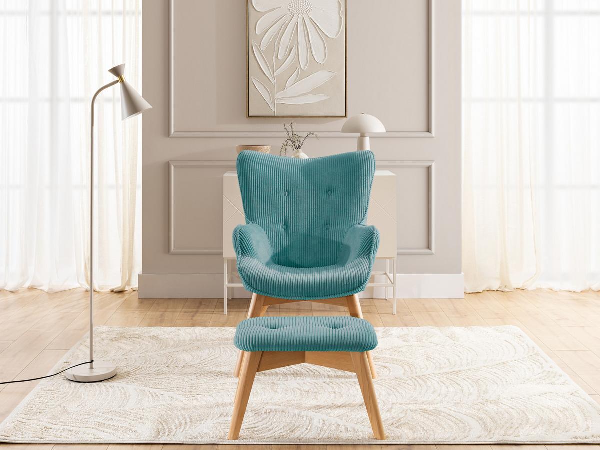 LOUNGESESSEL mit Fußhocker Lenari Türkis Cordstoff mit Füßen in Natur - Türkis/Naturfarben, Holz/Textil (71/96/86cm) - S-Style Möbel