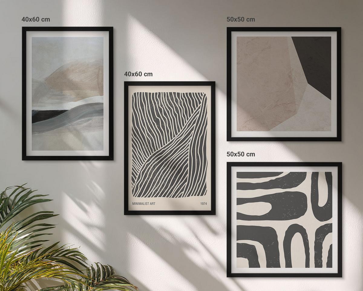 BILDER SET 4er Set - 50x50 cm & 40x60 cm Schwarzer Rahmen - Abstrakte Boho-Dekorationsmuster - Schwarz, Kunststoff (50/50cm) - TULUP