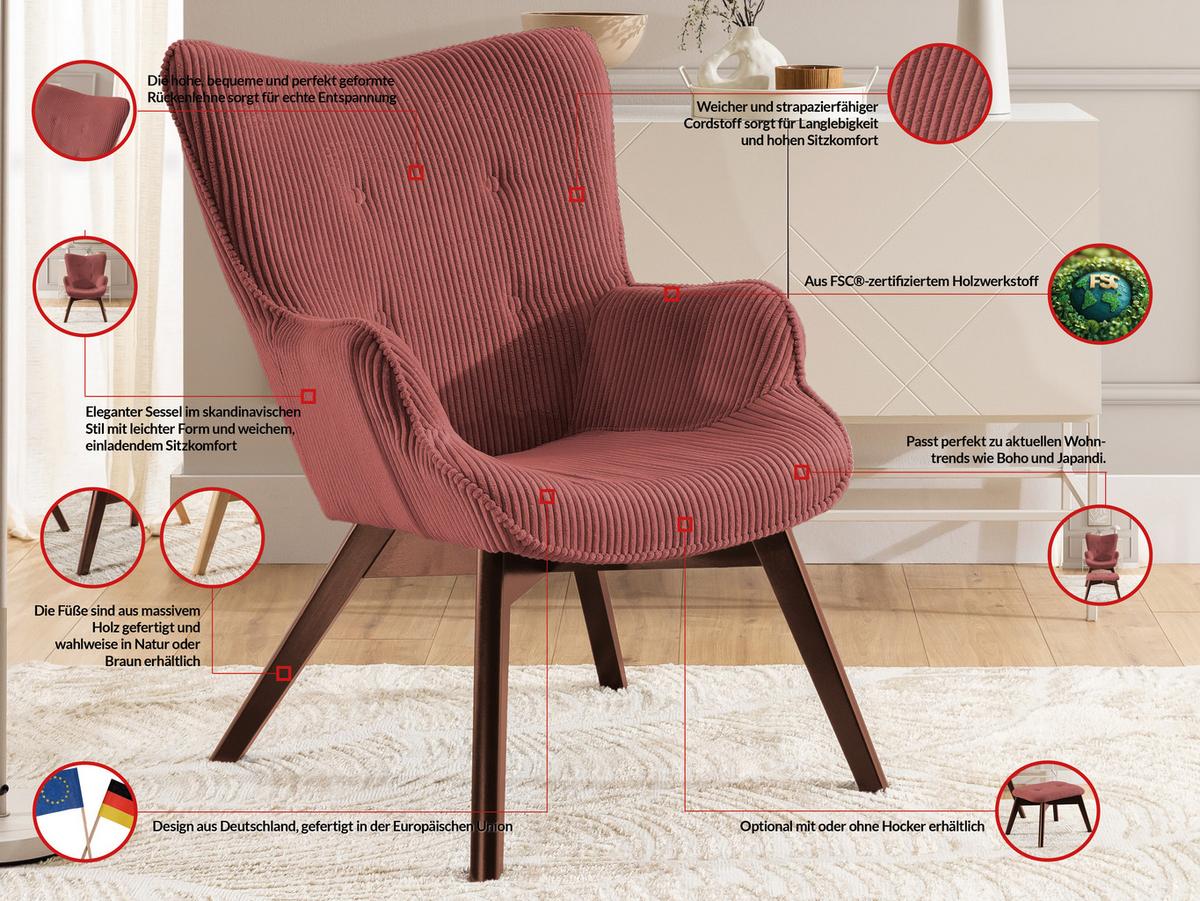 LOUNGESESSEL mit Fußhocker Lenari Terrakotta Cordstoff mit Füßen in Braun - Terracotta/Braun, Holz/Textil (71/96/86cm) - S-Style Möbel