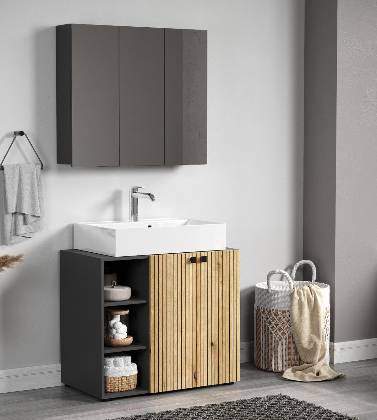 SPIEGELSCHRANK grau 90 cm, Badschrank 3-türig - Klar/Anthrazit, Glas/Holzwerkstoff (90/80/20cm) - Top.Furn