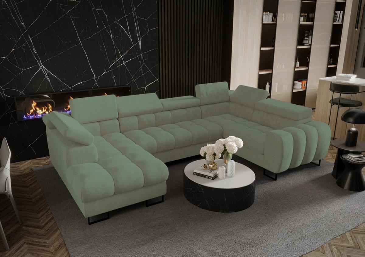 WOHNLANDSCHAFT Bastien - Grün, Holzwerkstoff/Textil (195/95/350cm) - Fun Möbel