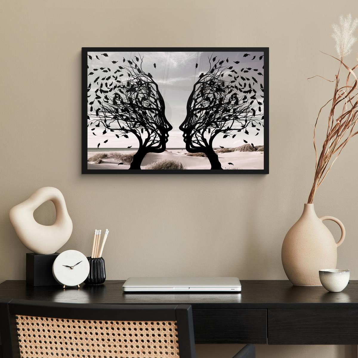 POSTER MIT RAHMENGERAHMTES BILD Strand - Meer - Menschen - Baum - Moderne Kunst 60x40 cm - Hellgrau, Papier (60/40cm) - MuchoWow