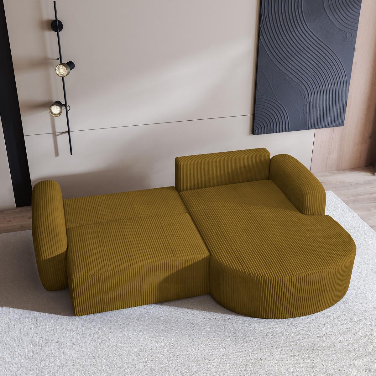 ECKSOFA AMILIA P R-S Gelb Kordstoff mit Schlaffunktion - Gelb, Holz (263/174cm) - MASSENO