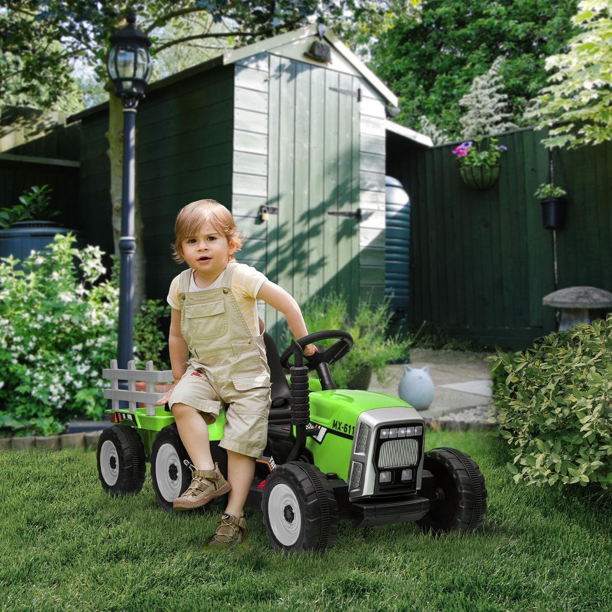 ELEKTRISCHER Traktor Kinder Aufsitztraktor mit MP3 Funktion, 3-6KM/H, Grün - Grün, Metall (136.5/50/52.5cm) - HOMCOM