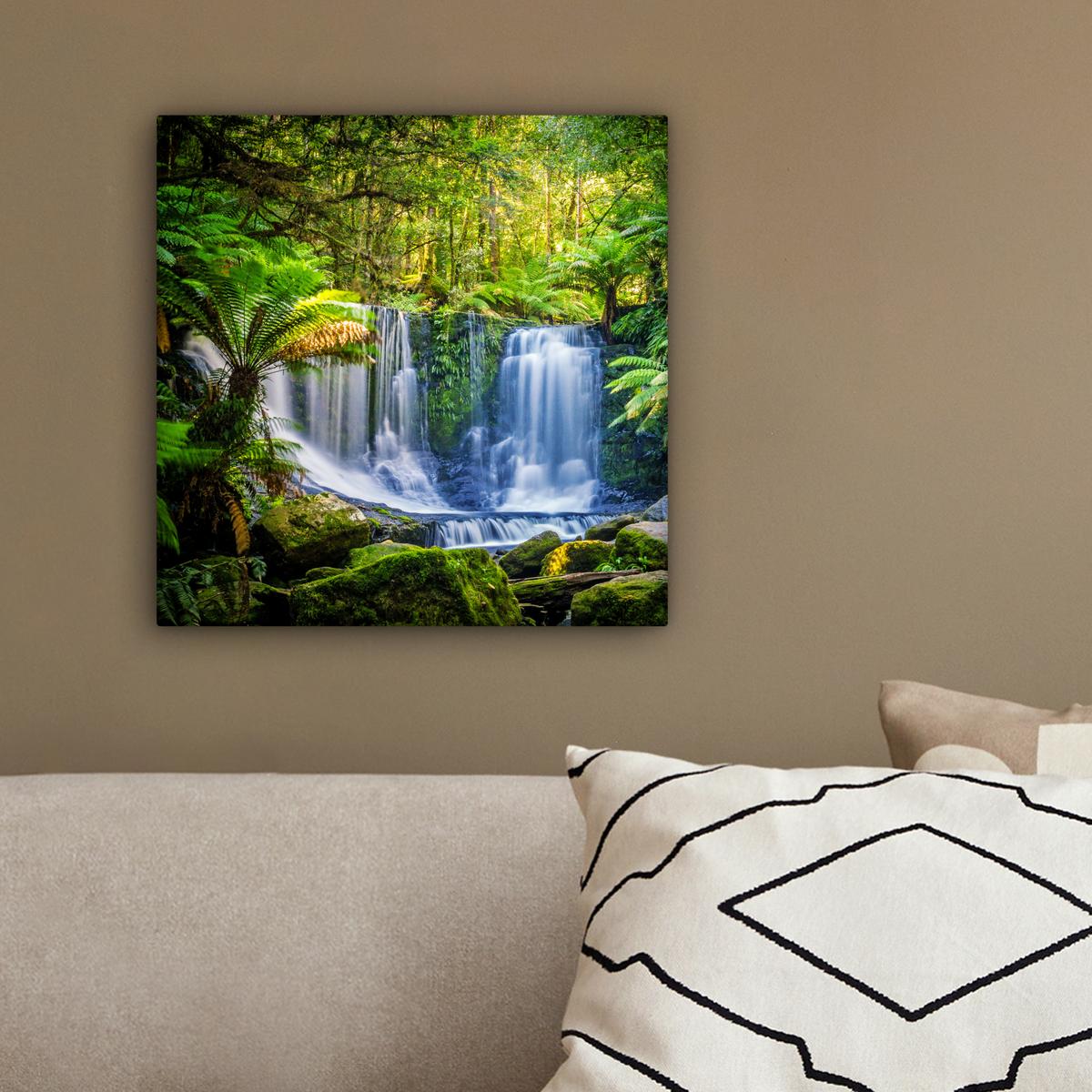 LEINWANDBILD Dschungel - Wasserfall - Australien - Pflanzen - Natur Deko Wohnzimmer 20x20 cm - Dunkelgrün, Textil (20/20cm) - MuchoWow