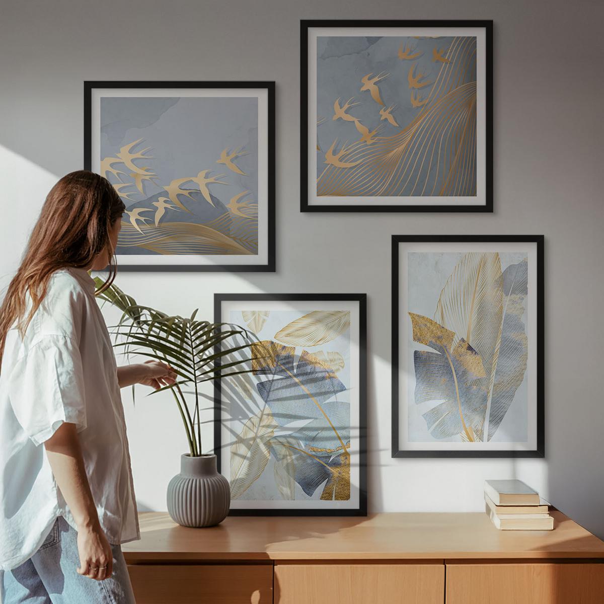 BILDER SET 4er Set - 50x50 cm & 40x60 cm Schwarzer Rahmen - Blaubeige Blätter im Hintergrund - Schwarz, Kunststoff (50/50cm) - TULUP