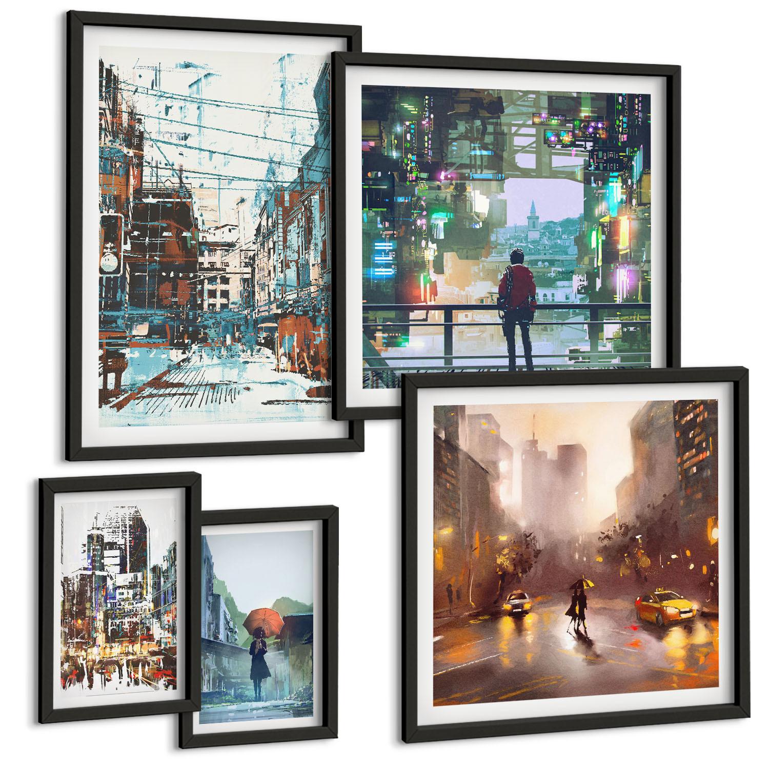 BILDER SET 5er Set - 50x50 cm & 20x30 cm & 40x60 cm Schwarzer Rahmen - Moderne, farbenfrohe Städte mit Charakteren - Schwarz, Kunststoff (40/60cm) - TULUP
