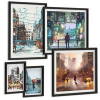 BILDER SET 5er Set - 50x50 cm & 20x30 cm & 40x60 cm Schwarzer Rahmen - Moderne, farbenfrohe Städte mit Charakteren - Schwarz, Kunststoff (40/60cm) - TULUP