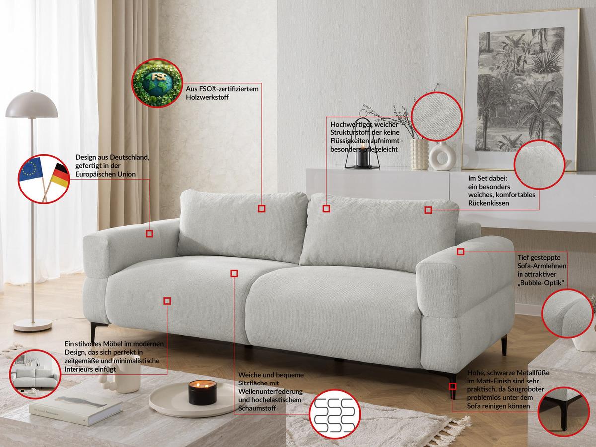3-SITZER-SOFA Cardea in Bubble-Optik aus weichem Hellgrau Strukturstoff mit hohem Sitzkomfort - Hellgrau/Schwarz, Holz/Textil (217/80/97cm) - S-Style Möbel
