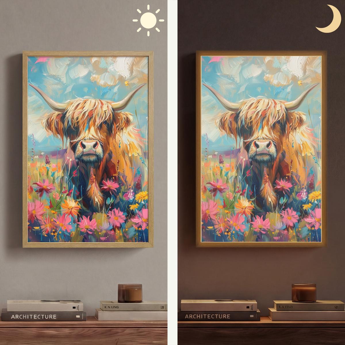WANDLEUCHTE MIT AKKU Schottische Hochländer - Natur - Farbenfroh - Blumen 40x60 cm - Multicolor, Holzwerkstoff (40/60/8cm) - OnlyWow