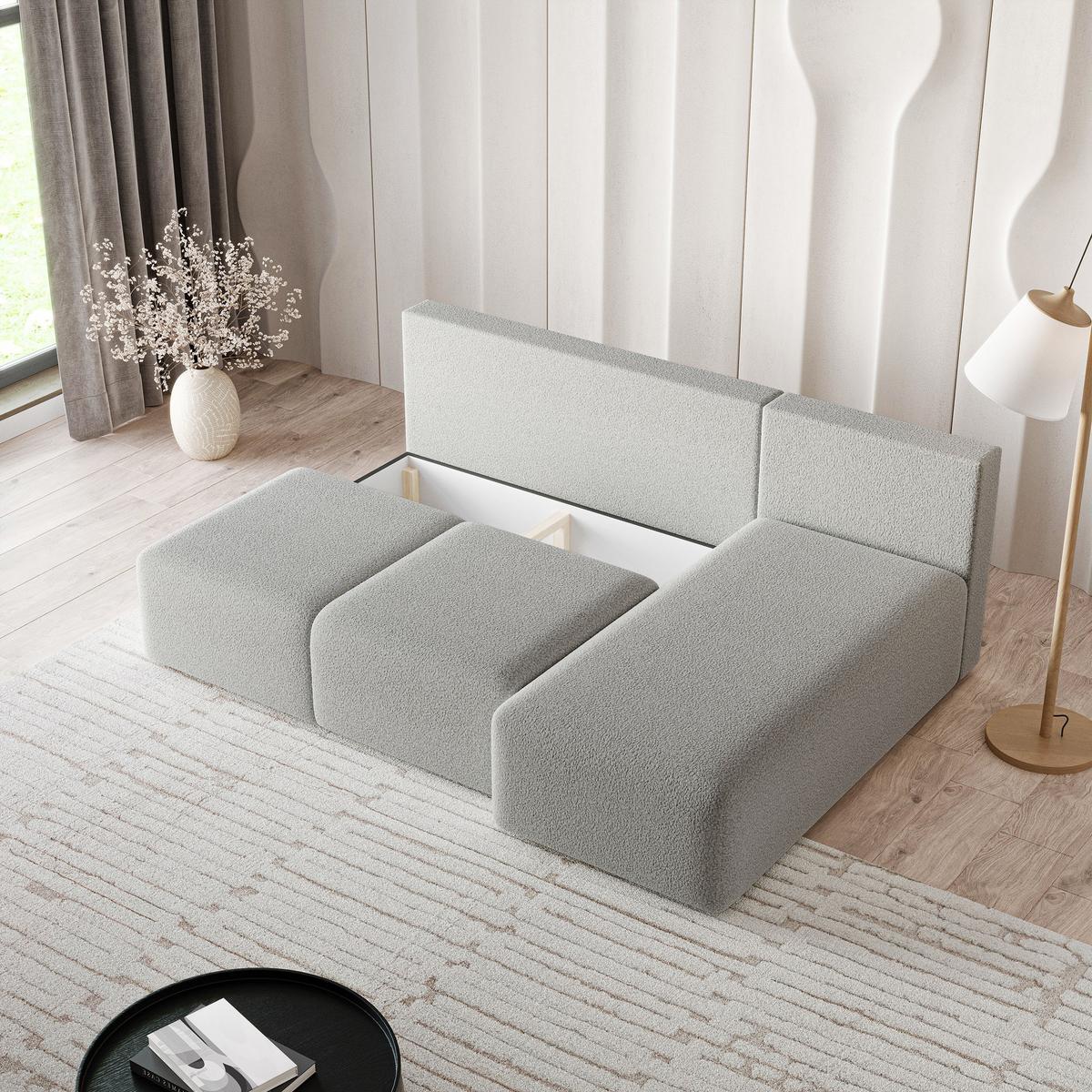 ECKSOFA TRAMA Hellgrau Boucle-Stoff mit Schlaffunktion - Hellgrau, Holz (200/143cm) - MASSENO