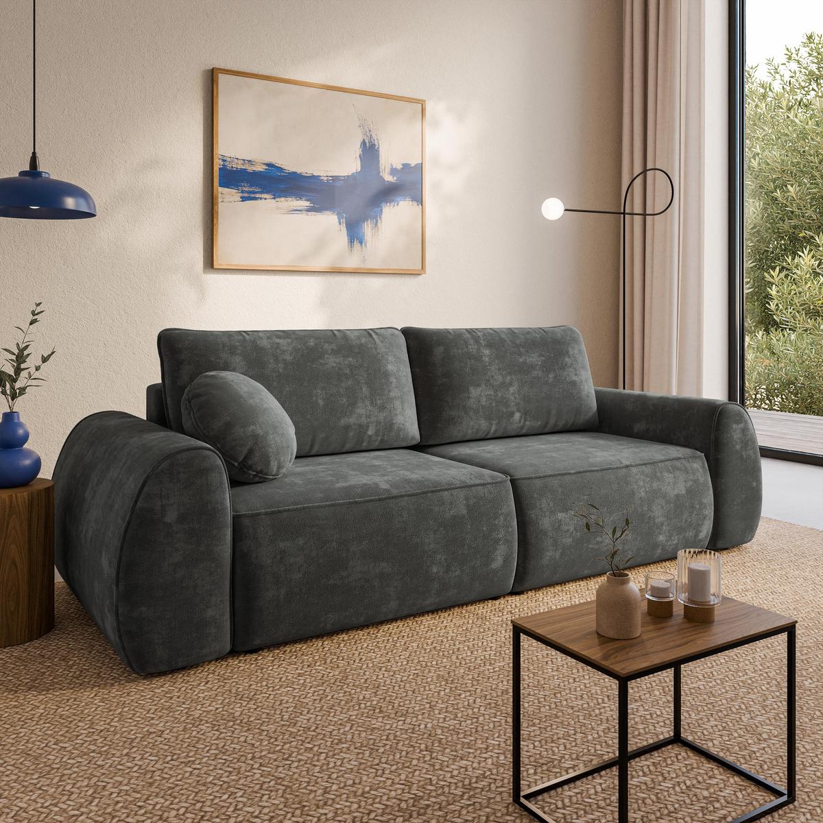 BETTSOFA ZEFEO Grau Chenille-Stoff mit Schlaffunktion - Grau, Textil (264/96/106cm) - MASSENO