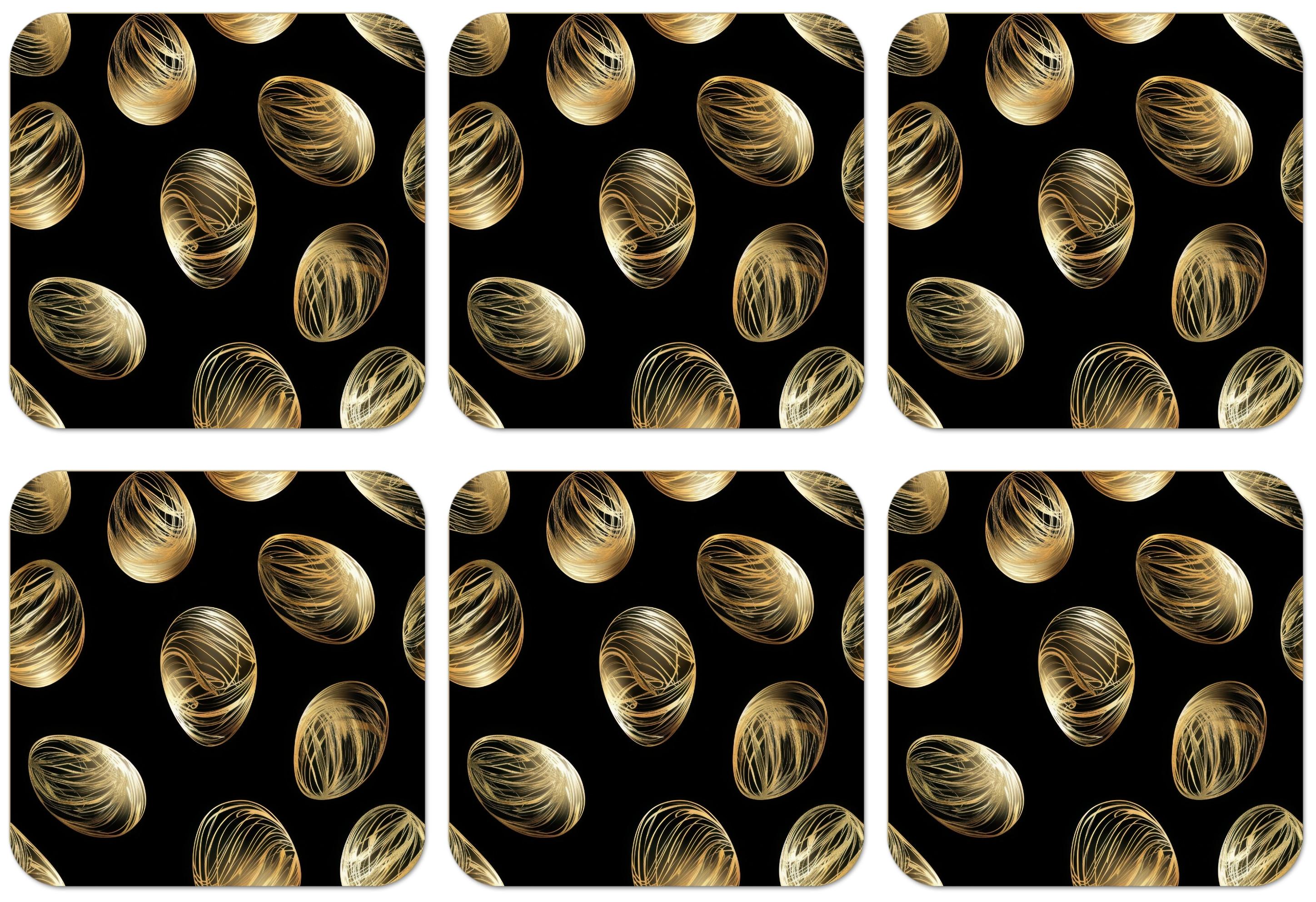 GLASUNTERSETZER 6er-Set Eier - Gold - Muster Tischset für Gläser 10x10 cm - Schwarz, Naturmaterialien (10/0.2cm) - MuchoWow