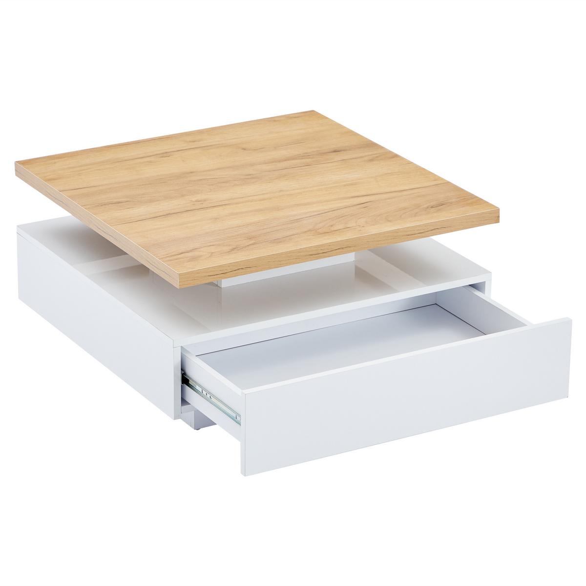 COUCHTISCH 360° Drehbar Weiß Hochglanz & Nussbaum Quadratisch 1 Schublade - Naturfarben, Holzwerkstoff (70/70/36cm) - Urban Meuble