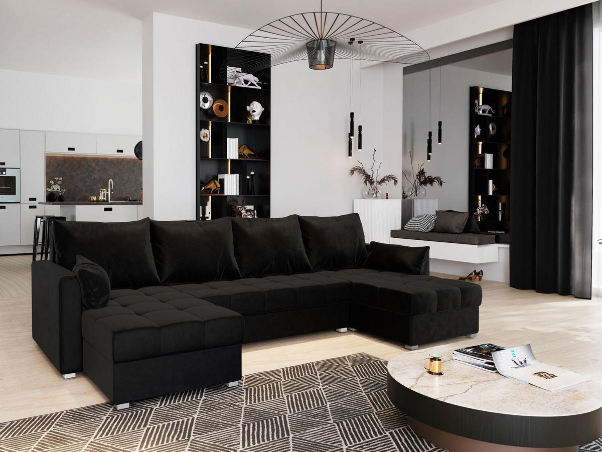 WOHNLANDSCHAFT NAKO Schwarz Plüsch-Stoff mit Schlaffunktion - Schwarz/Grau, Holz/Kunststoff (285/85/140cm) - MASSENO