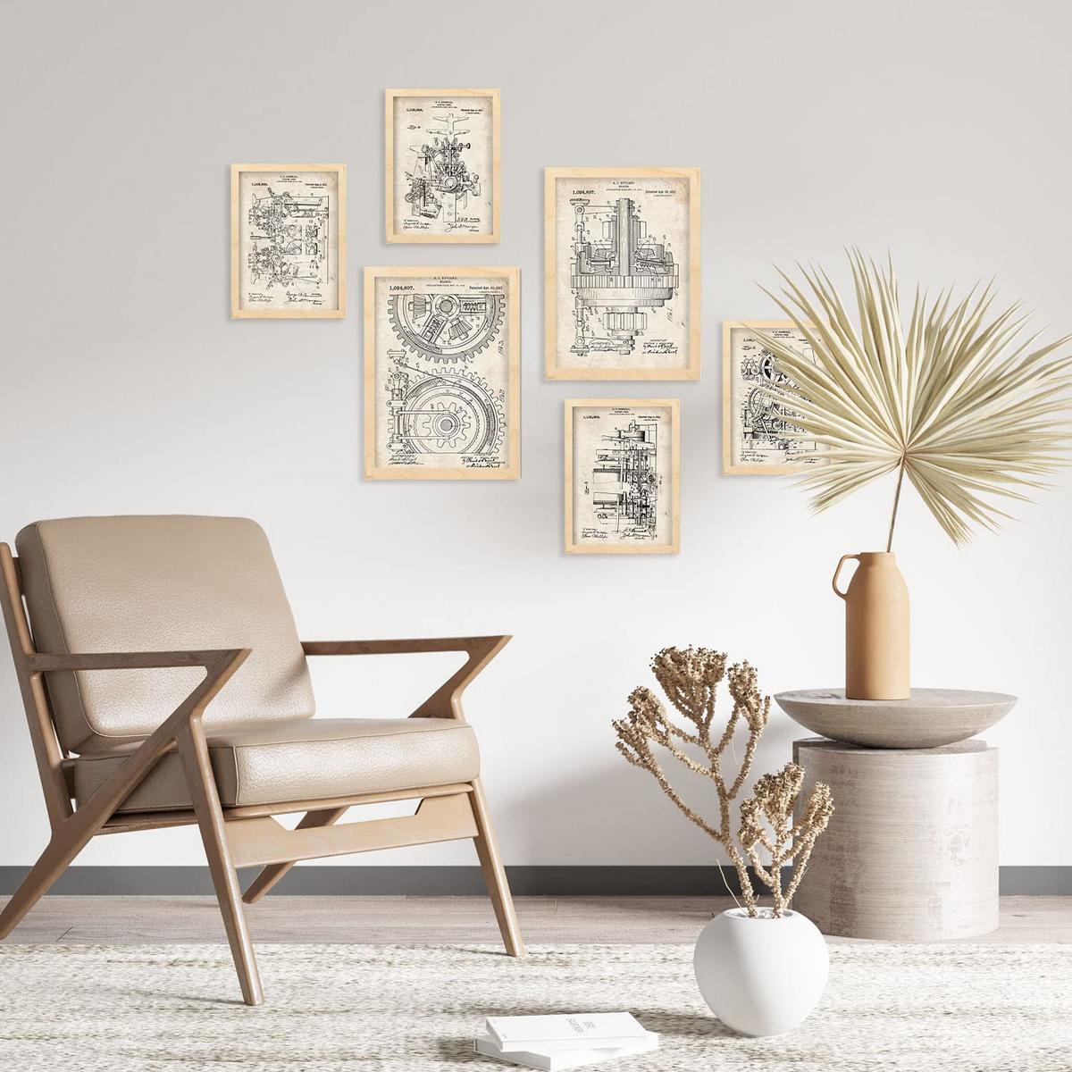 POSTER Set Mit 6 Plakaten Mit Maschinen Patenten Im Vintage Stil A3 & A4 Rahmen Aus Hellem Holz - Beige, Papier (29/3cm) - Nacnic