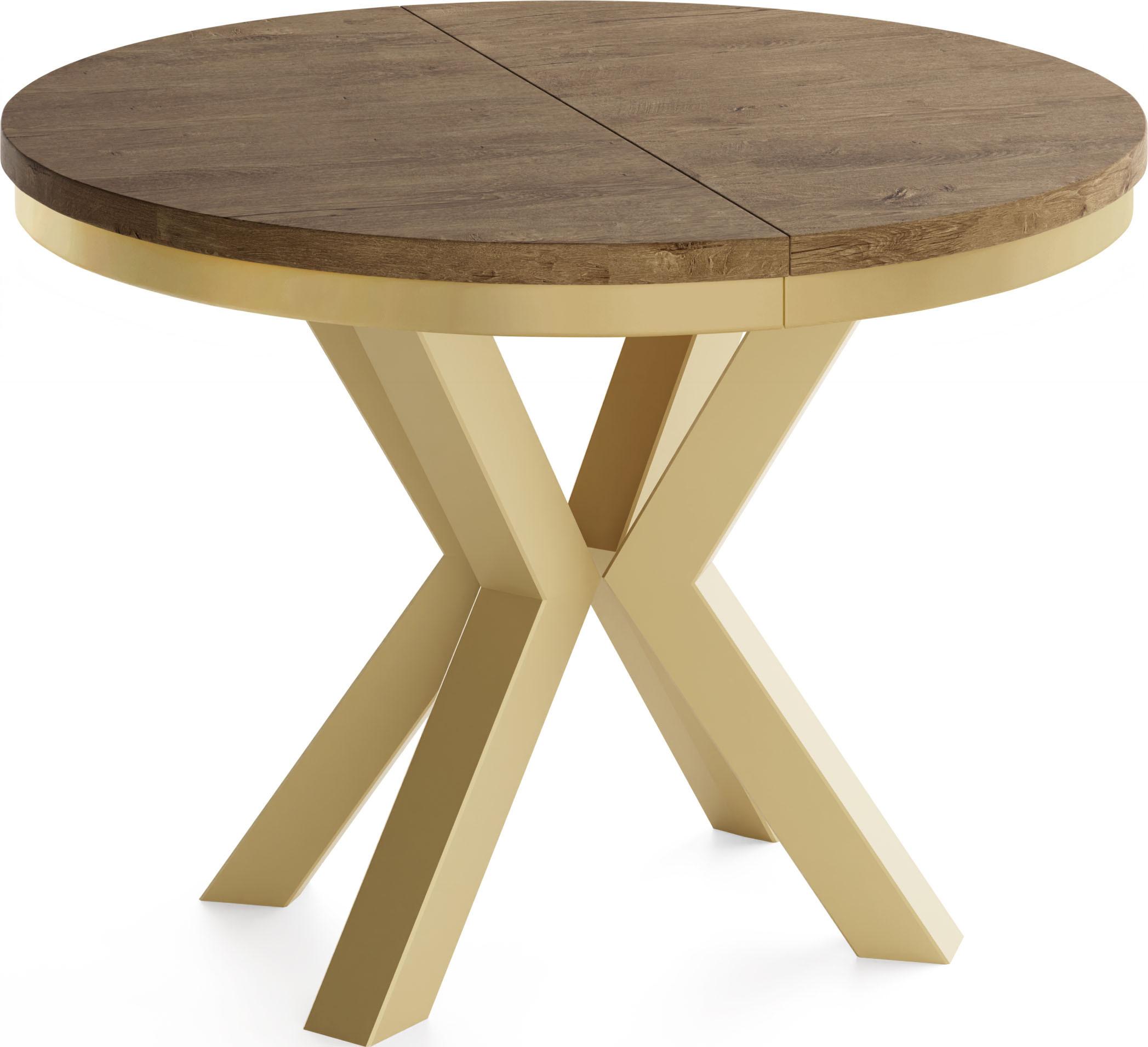 ESSTISCH Clara Gold runder ausziehbarer, Lefkas Eiche 100-180/100/76 cm - Alteiche/Goldfarben, Holzwerkstoff/Metall (100/176/76cm) - WFL GROUP