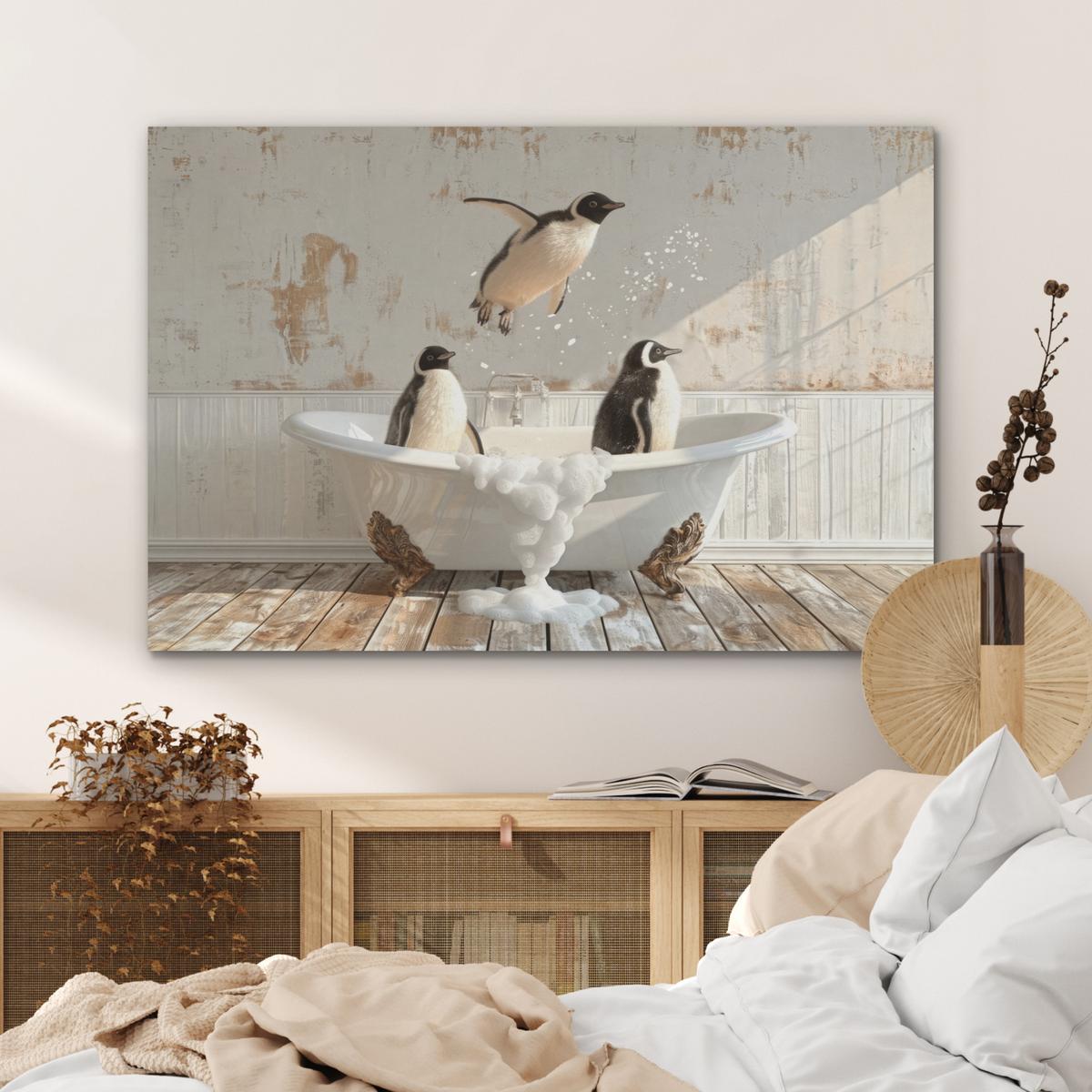 AKUSTIKBILD Vintage - Pinguin - Badewanne - Schaumstoff Wandbild Wohnzimmer 100x70 cm - Schwarz, Kunststoff (100/70/0.9cm) - MuchoWow