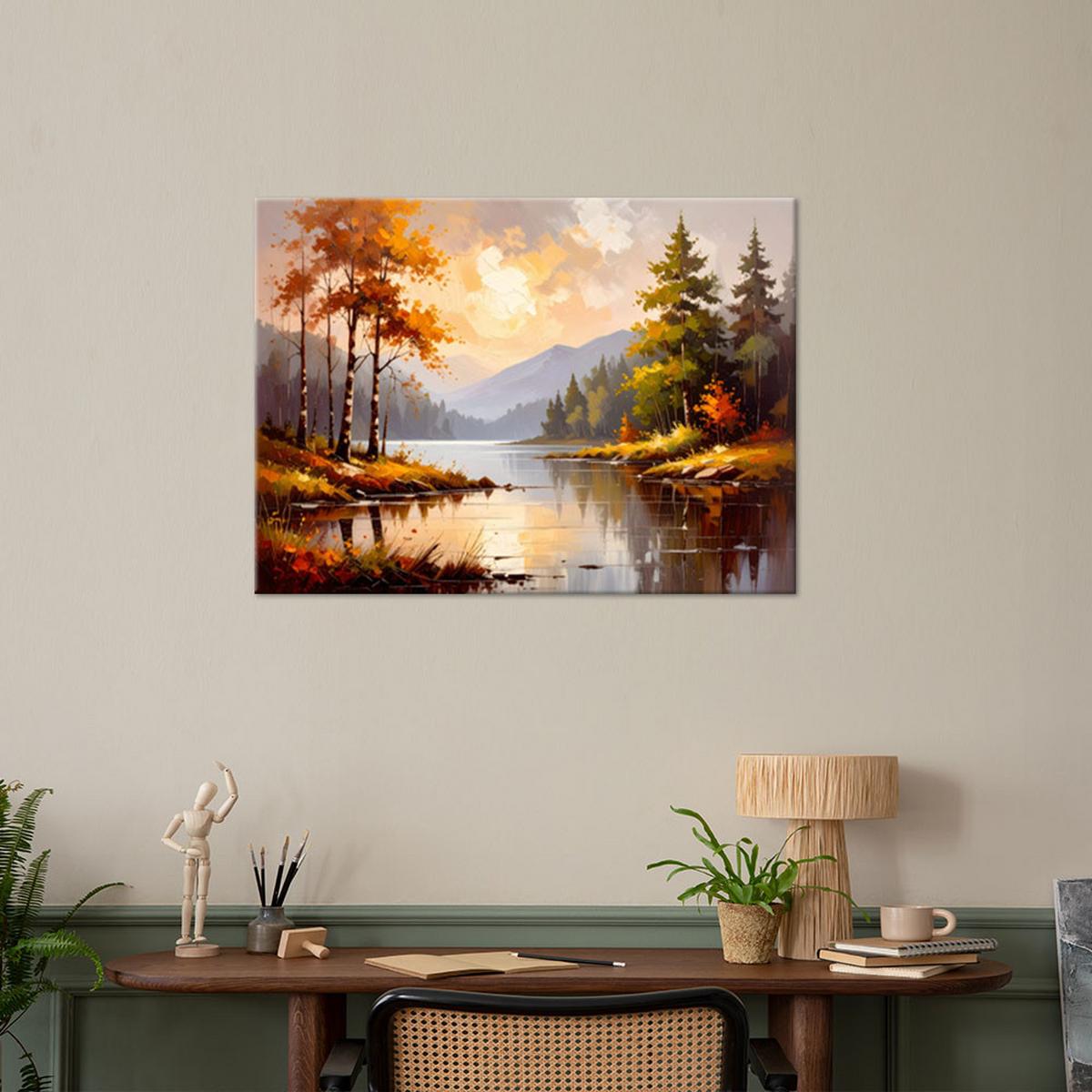LEINWANDBILD Fluss Bäume Berglandschaft 60x40cm - Beige, Textil (60/40cm) - Feeby