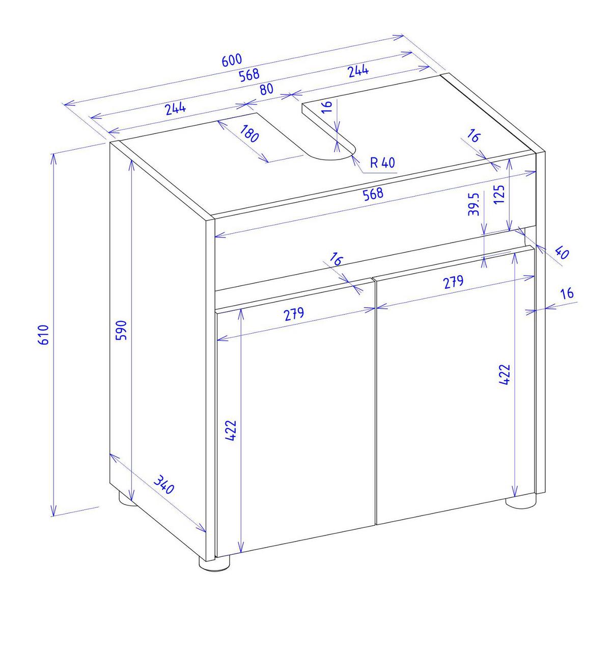 WASCHBECKENUNTERSCHRANK grau matt, Wotan Eiche, Badezimmer Unterschrank 60 cm - Eiche Wotan/Schwarz, Holzwerkstoff/Kunststoff (60/62/34cm) - Furn.Design