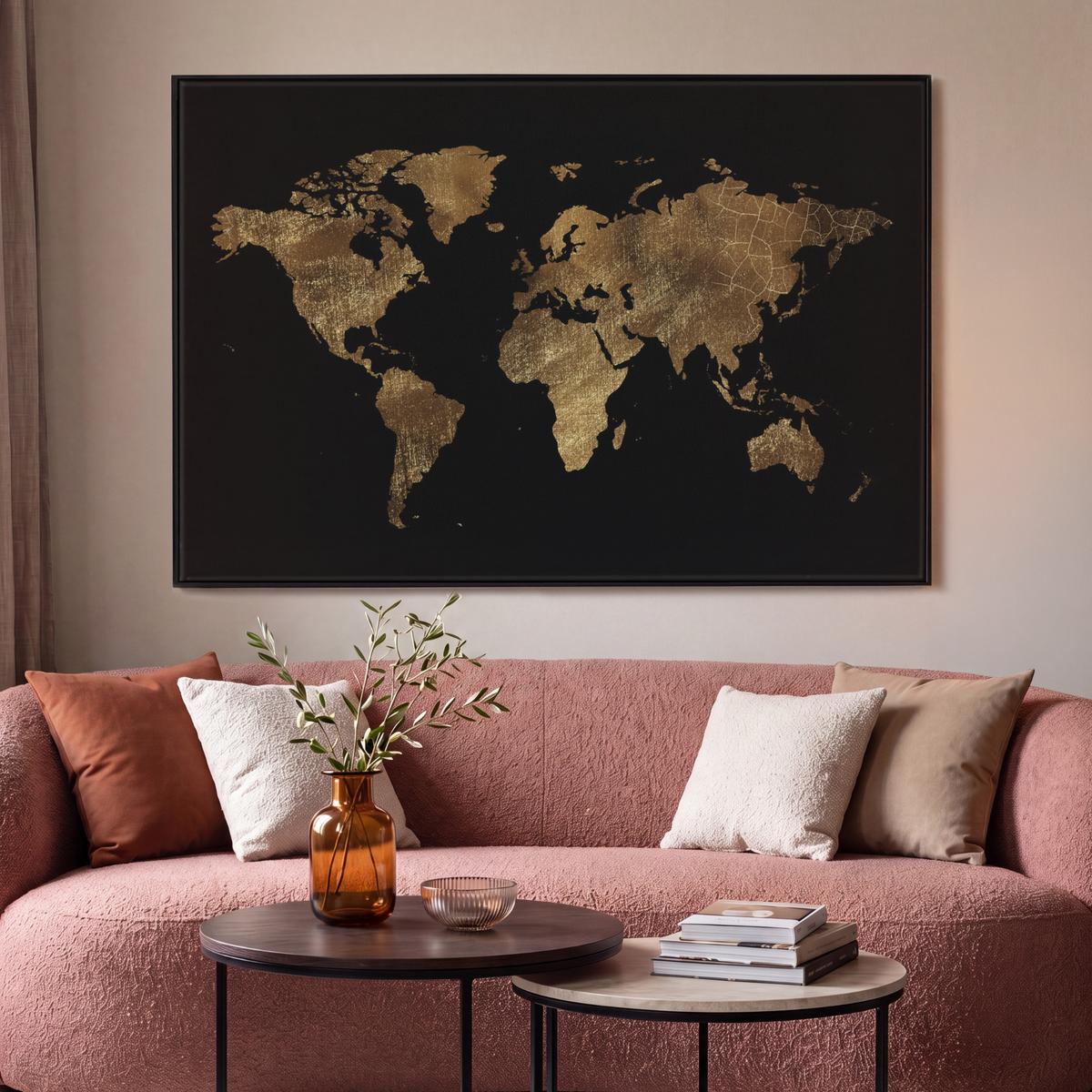 LEINWAND Bilder mit Rahmen - Weltkarte - Gold - Luxus - Erde - Schwarz - 120x80 - Goldfarben, Textil (120/80cm) - MuchoWow