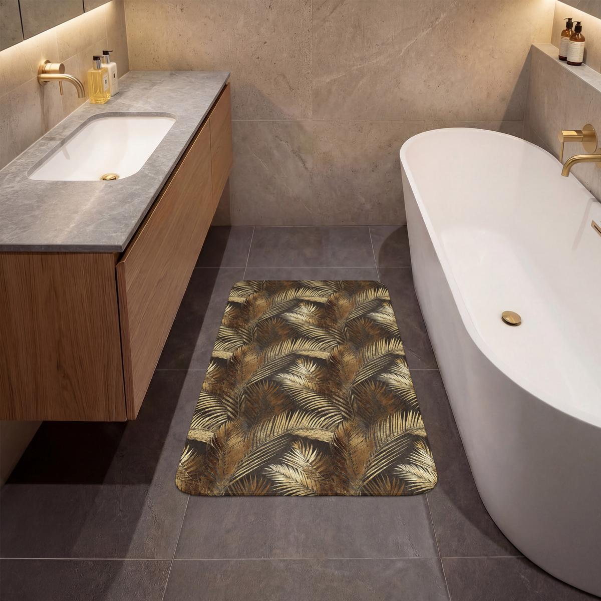 BADEMATTE Tropisch - Blätter - Gold 60x90 cm - Dunkelbraun/Goldfarben, Textil (60/90cm) - OnlyWow