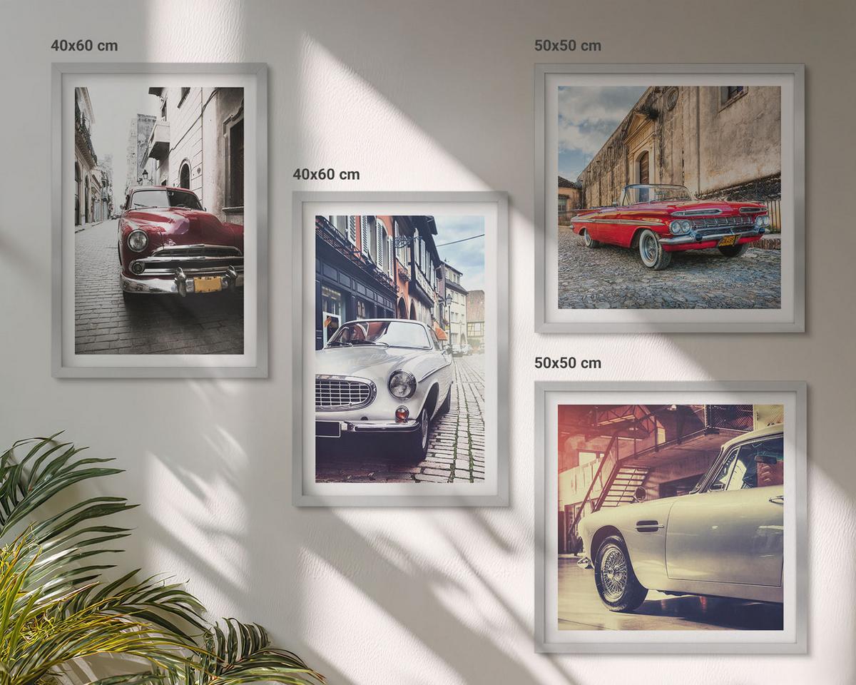 BILDER SET 4er Set - 50x50 cm & 40x60 cm Silberner Rahmen - Oldtimer in Städten - Silberfarben, Kunststoff (50/50cm) - TULUP