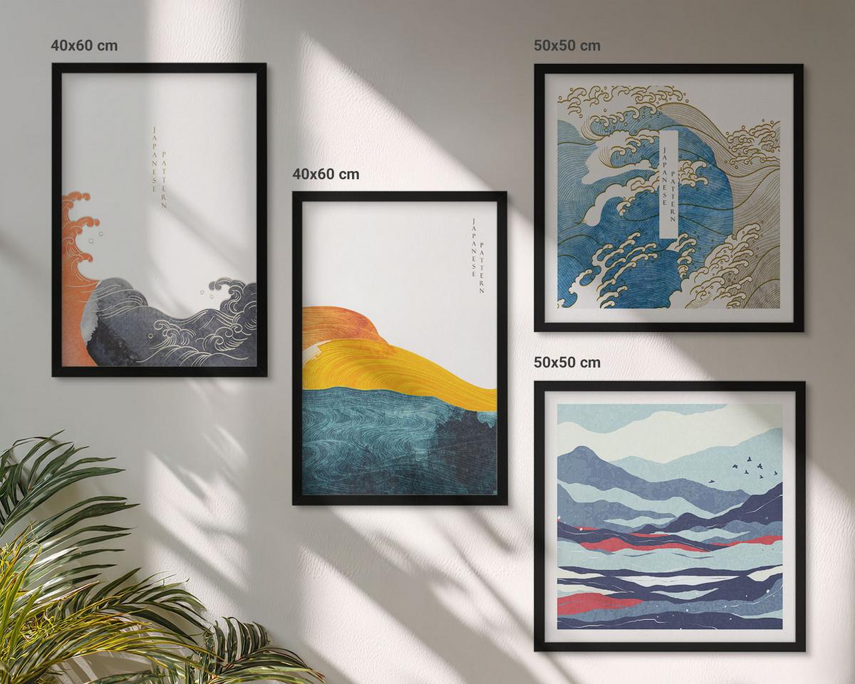 BILDER SET 4er Set - 50x50 cm & 40x60 cm Schwarzer Rahmen - Wellen – Japanische Kunstgrafik - Schwarz, Kunststoff (50/50cm) - TULUP