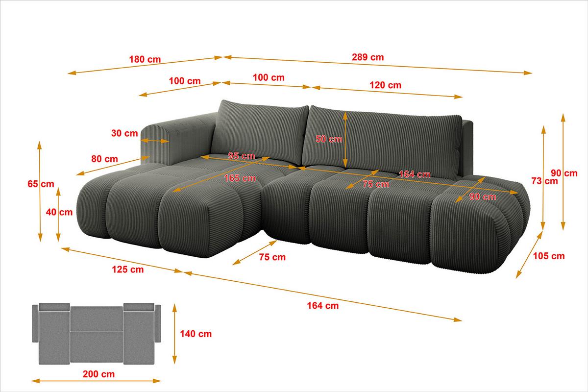 ECKSOFA Ottomane Links CLOUD-L 280x185x90 Dunkelgrau Cord - Dunkelgrau, Holzwerkstoff/Kunststoff (180/289cm) - ALTDECOR