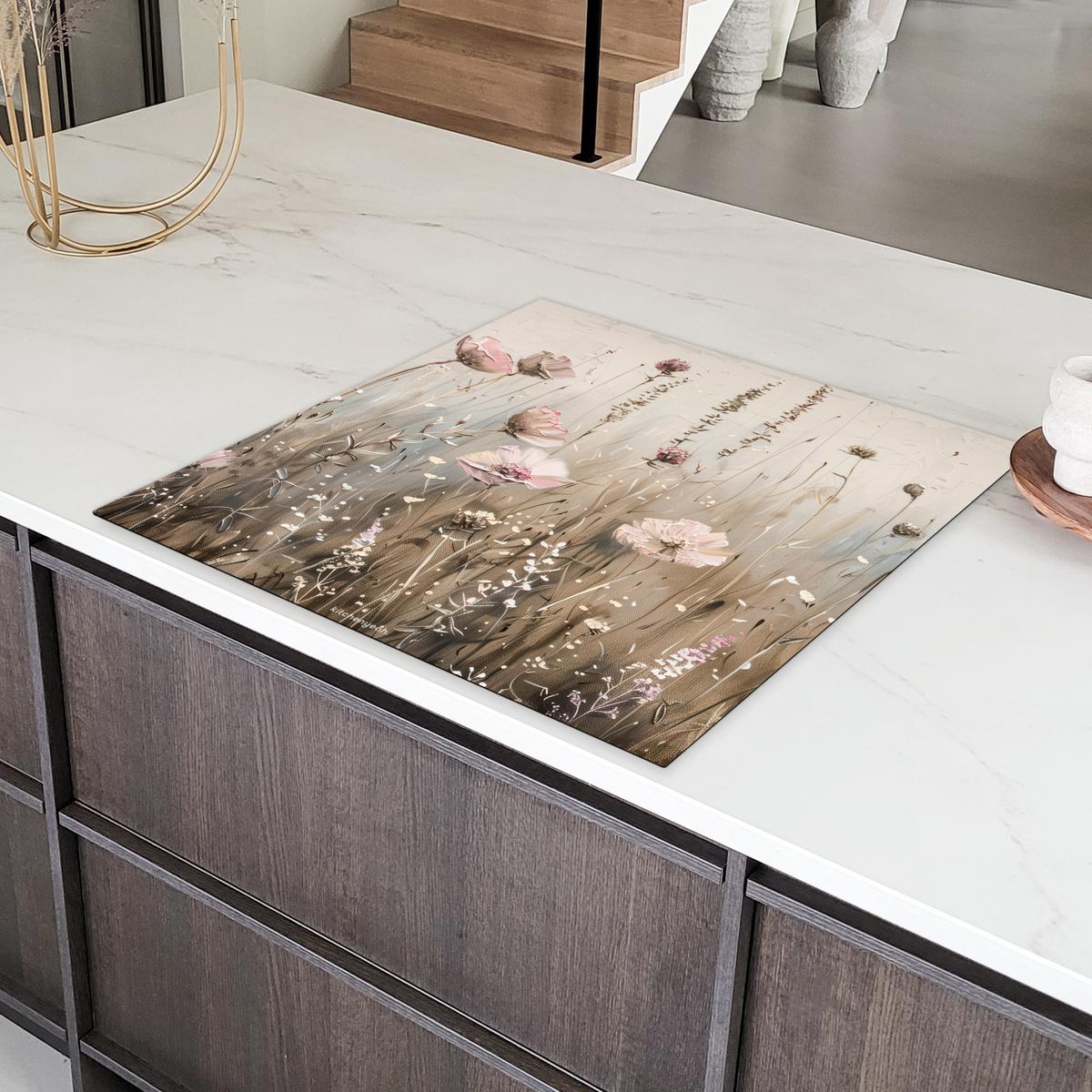 HERDABDECKPLATTE Blumen - Beige - Trockenblumen Induktionsmatte 78x78 cm - Beige, Kunststoff (78/78/0.2cm) - MuchoWow