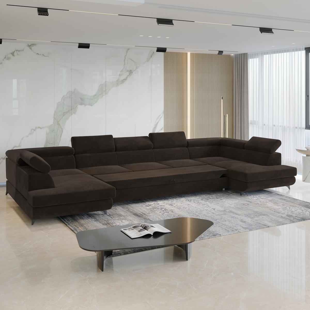 WOHNLANDSCHAFT URMANO Braun Velours-Stoff mit Schlaffunktion - Braun, Holz (395/89/190cm) - MASSENO