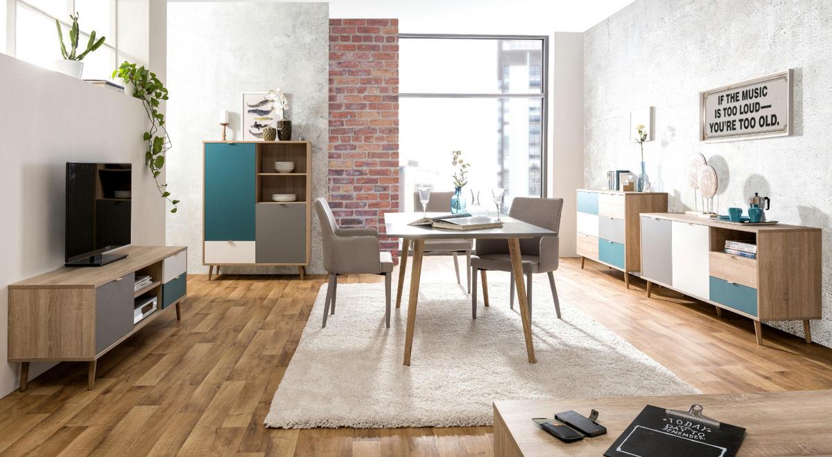 KOMMODE Eiche Sonoma, Petrol, weiß, grau, Anrichte Tricolor skandinavisch - Eichefarben/Petrol, Holz/Holzwerkstoff (103/87/40cm) - Furn.Design