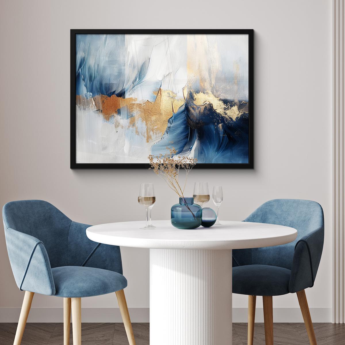 POSTER MIT RAHMENGERAHMTES BILD Gold - Blau - Aquarell - Kunst - Modern 80x60 cm - Hellblau, Papier (80/60cm) - MuchoWow