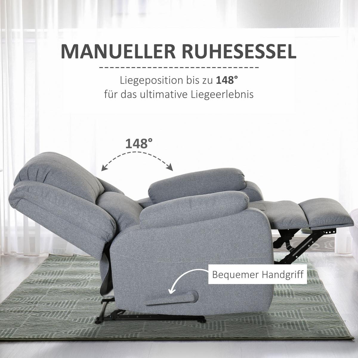 RELAXSESSEL mit Liegefunktion Fernsehsessel TV-Sessel mit Seitentasche Hellgrau - Hellgrau/Schwarz, Textil/Metall (96/98/87cm) - HOMCOM