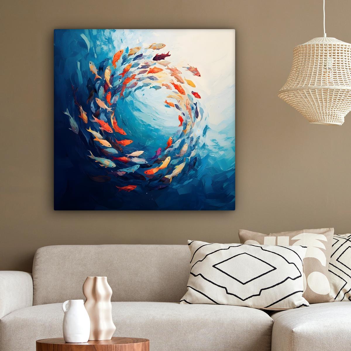 LEINWANDBILD Meer - Fische - Bunt - Dynamisch Deko Groß 90x90 cm - Hellblau, Textil (90/90cm) - MuchoWow