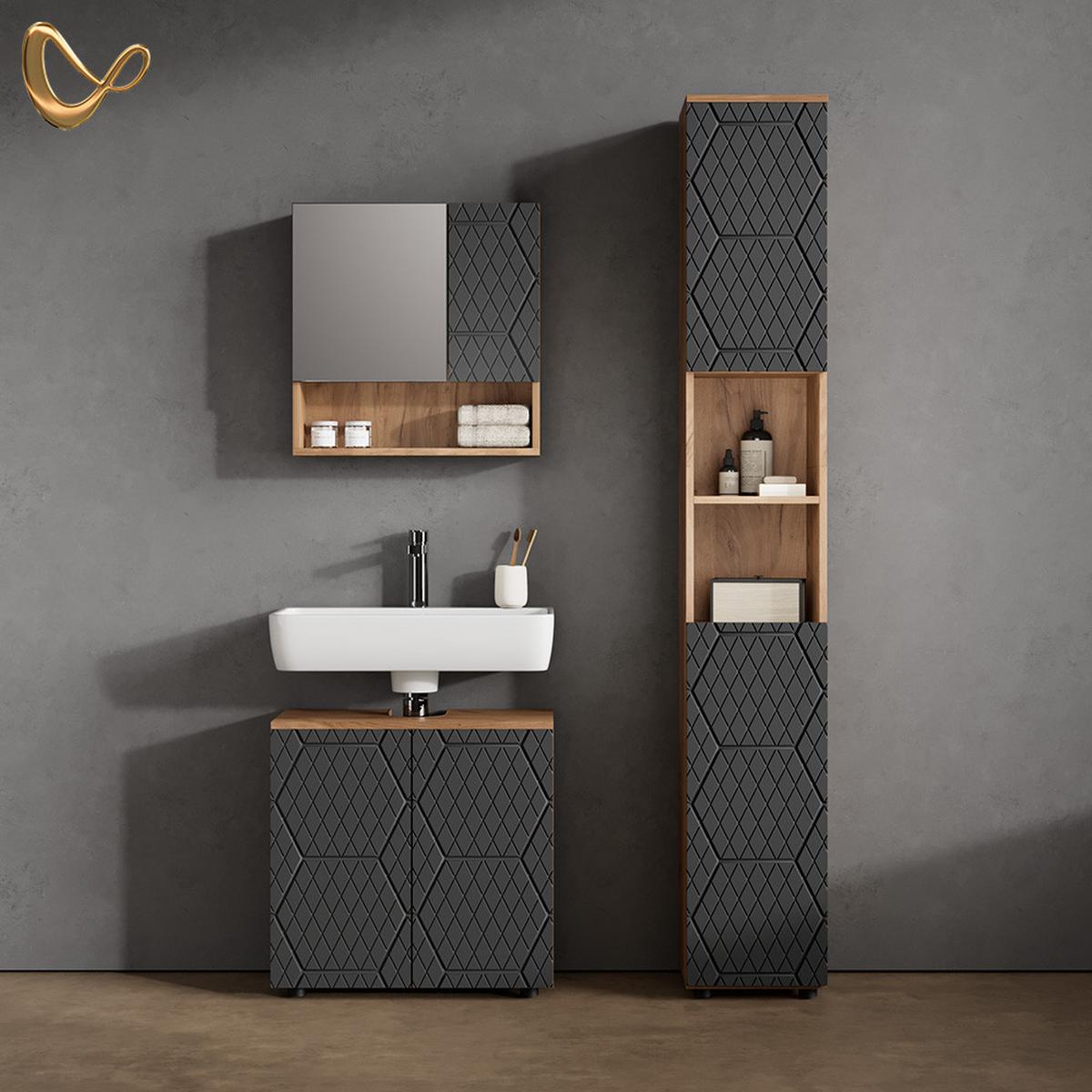 WASCHBECKENUNTERSCHRANK Ronco Anthrazit mit Wabenstruktur 60 x 59 cm - Schieferfarben/Eiche Wotan, Holzwerkstoff (60/59/30cm) - Livinity®